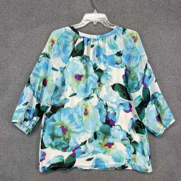 Calvin Klein Blouse Womens Medium Blue Floral Split Neck Chain Tassel Sheer - Picture 13 of 16